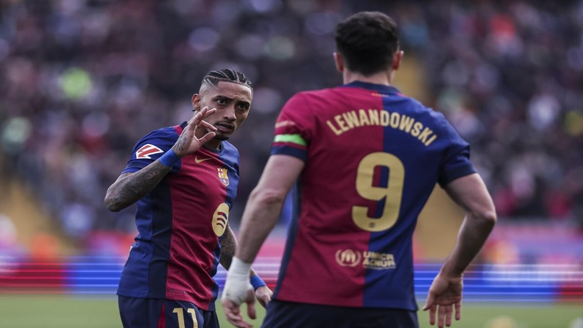 Robert Lewandowski and Raphinha playing for Barcelona
